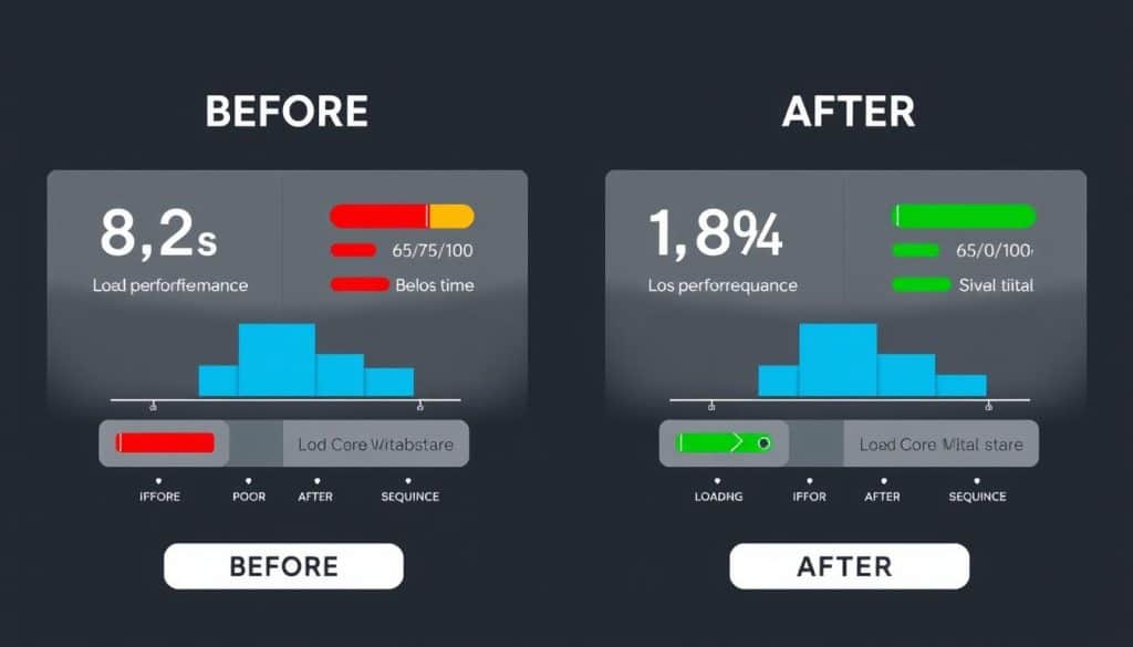 Before and after comparison of website speed improvements through technical optimization
