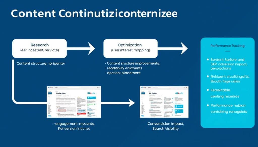 Content optimization process showing keyword research, content structure, and performance tracking