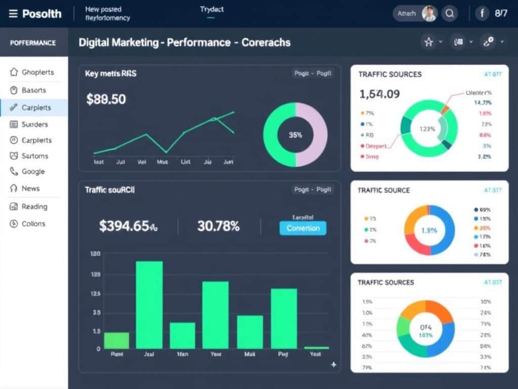 Digital marketing performance dashboard showing KPIs and metrics